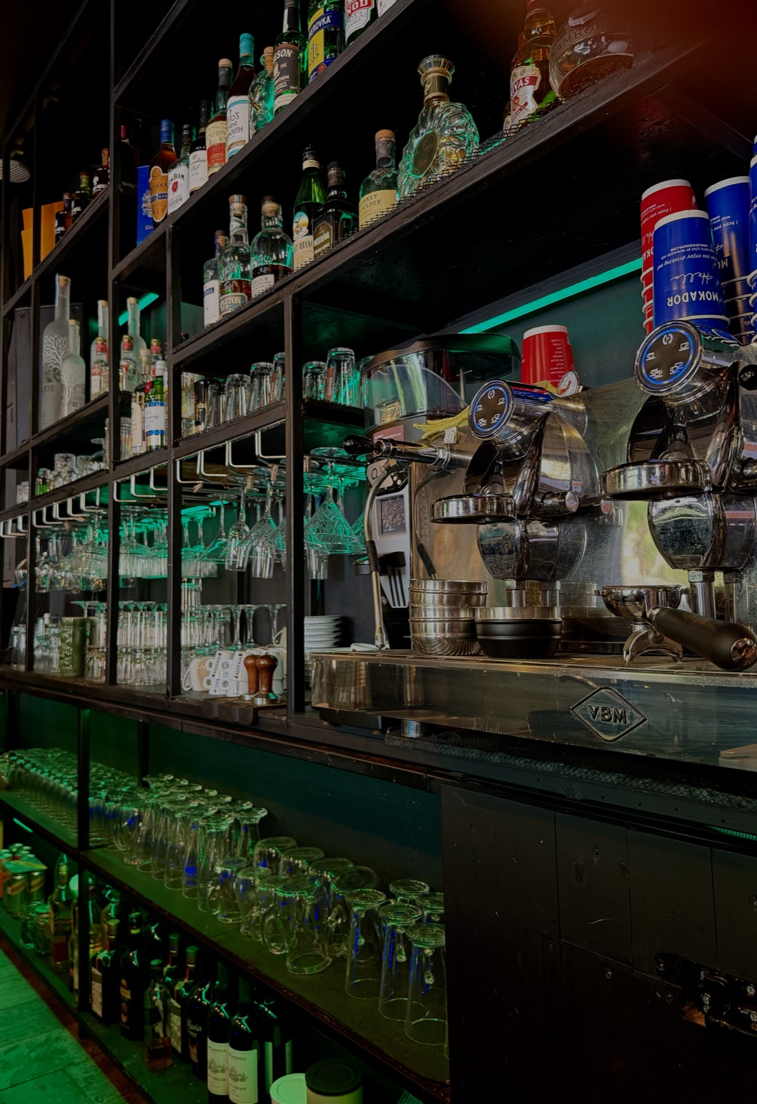 The espresso bar — the VBM machine and back-bar shelves